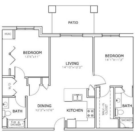 Floor plan for 2 beds, 2 baths, 1165 sqft